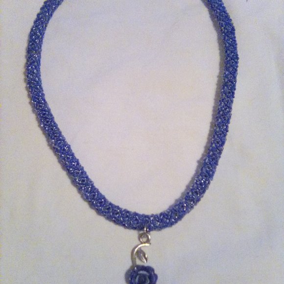 Hand Crafted  Blue Tubular beaded necklace with a blue Rose - Picture 4 of 5